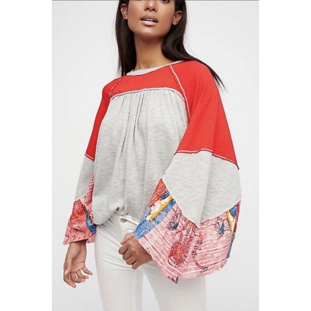 Free People Friday Fever Oversized Boho Top Wide Print Sleeves Gray Red Small